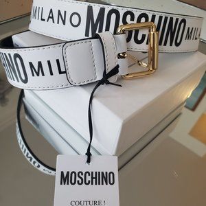Moschino Logo Leather Belt WHITE/BLACK